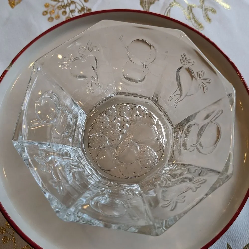 Vintage Ramekin Bowl MCM Glass Octagon 4 inch Embossed Fruits Vegetables 1950s
